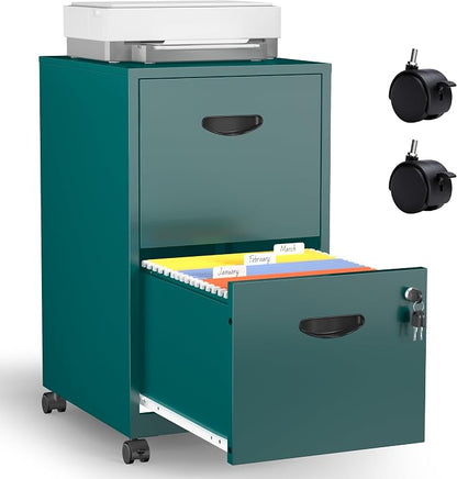 2 Drawer Mobile File Cabinet with Lock, Green Metal Filing Cabinets with Wheels, Vertical Rolling File Cabinet Fit Hanging Files, Letter and A4 Documents