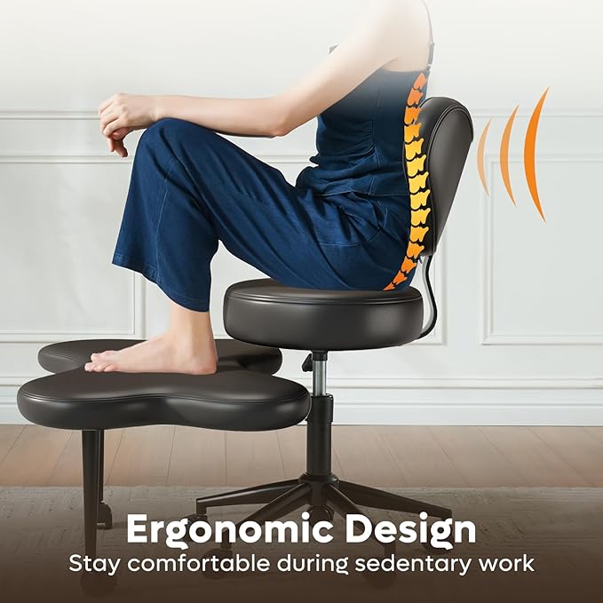 Pinmoco Ergonomic Cross Legged Chair, 360° Swivel Meditation Chair with Wheels, Height Adjustable Seat for ADHD, Strong Lumbar Support, Chic Home Office Furniture, PU Leather, Black