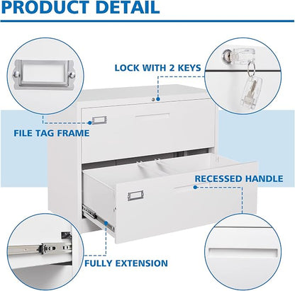BYNSOE 2 Drawer Lateral File Cabinet Metal Filing Storage Cabinet with Lock Office Home Steel File Cabinet for A4 Legal/Letter Size File Cabinet Locked,Assembly Required (2 Drawer, White)