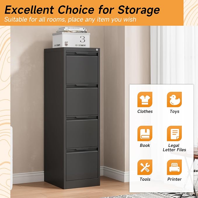 Bestoo 4 Drawer File Cabinet with Lock Metal Vertical Filing Cabinet Narrow File Cabinet Locked for Home Office A4 Legal/Letter Size Assembly Required (Black, 4 Drawers-Vertical)