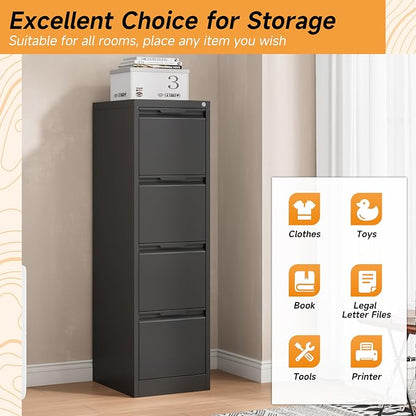 Bestoo 4 Drawer File Cabinet with Lock Metal Vertical Filing Cabinet Narrow File Cabinet Locked for Home Office A4 Legal/Letter Size Assembly Required (Black, 4 Drawers-Vertical)
