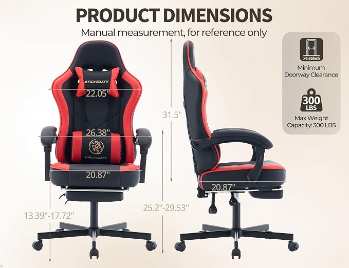 Office Desk Computer Gaming Chair for Adults, Ergonomic High Back Gamer Chair with Massage and Pocket Spring Cushion, Swivel Comfy Video Game Chairs with Footrest and Lumbar Support (Black Red)