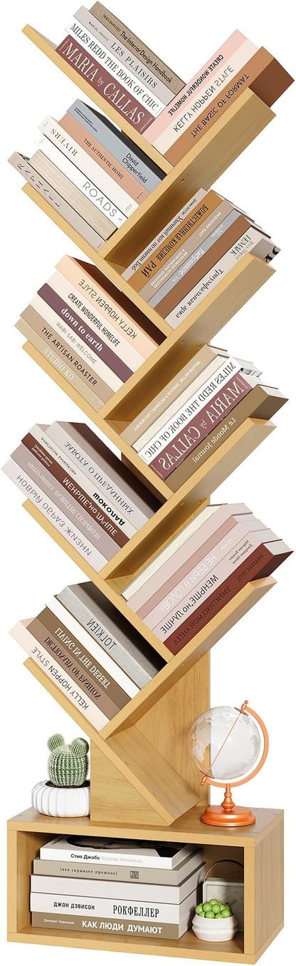 Hoctieon 9 Tier Tree Bookshelf, Tall Bookcase with Drawer, Wood Book Shelf, Modern Floor Standing Bookshelves, Book Organizer Shelves for Bedroom, Living Room, Home Office, Yellow