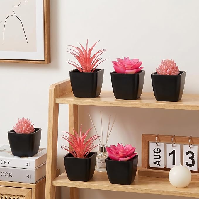 6 Pcs Pink Artificial Succulent Plants in Black Pots, Small Fake Succulents for Pink Room Decor Bathroom Decor Office Desk, Lifelike Faux Plants with Minimalist Modern Aesthetic