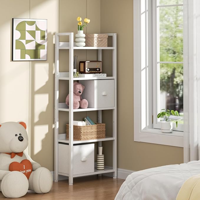 Furologee 5 Tier Bookshelf with Drawers, White Tall Bookcase with Shelves, Wood and Metal Bookshelves Storage Organizer, Modern Display Free Standing Shelf Unit for Bedroom, Living Room, Office
