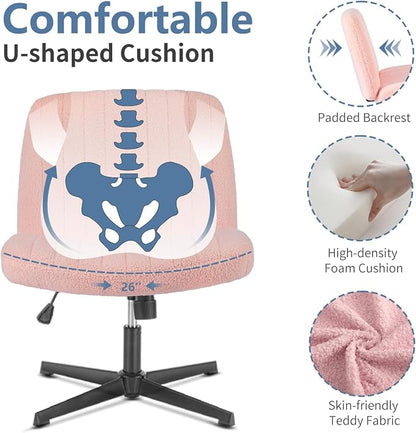 DUMOS Criss Cross Chair No Wheels, Cross Legged Office Desk Armless Vanity Chiar Wide Seat, Height Adjustable Swivel Computer Task Chairs for Home Bedroom, Pink Teddy
