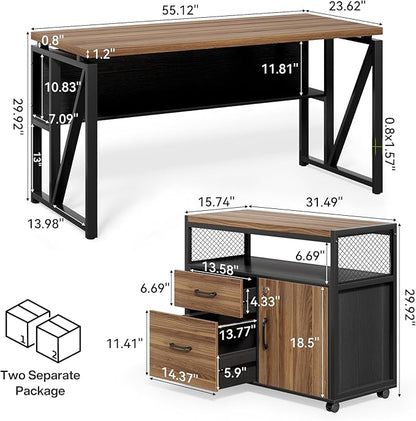 LITTLE TREE 55" Executive Computer Desk and Lateral File Cabinet, L-Shaped Office Desk with Storage for Home Office, Study Writing Workstation, Walnut + Black