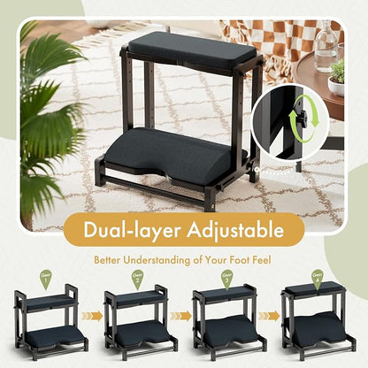 Double Step Foot Rest Under Desk, Adjustable Wooden Desk Foot Rest with 4 Heights, Ergonomic Foot Stool with Cushion for Office, Gaming & Study (Black)