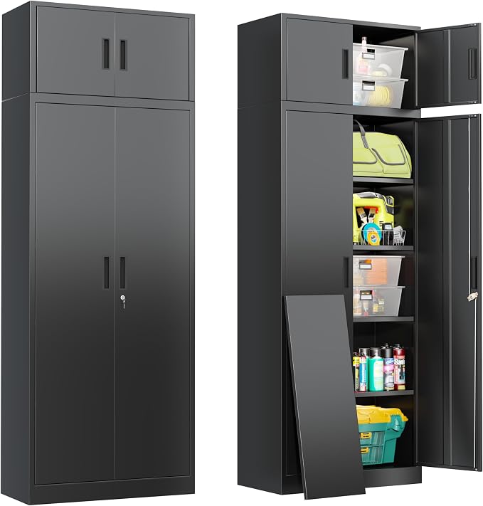 Metal Storage Cabinet, 87 Inch Tall Locking Cabinet with Top Cabinet, Heavy Duty Garage Cabinet with Doors and 4 Adjustable Shelves, Pantry Cabinets for Office, Garage, Home-Black