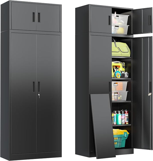 Metal Storage Cabinet, 87 Inch Tall Locking Cabinet with Top Cabinet, Heavy Duty Garage Cabinet with Doors and 4 Adjustable Shelves, Pantry Cabinets for Office, Garage, Home-Black