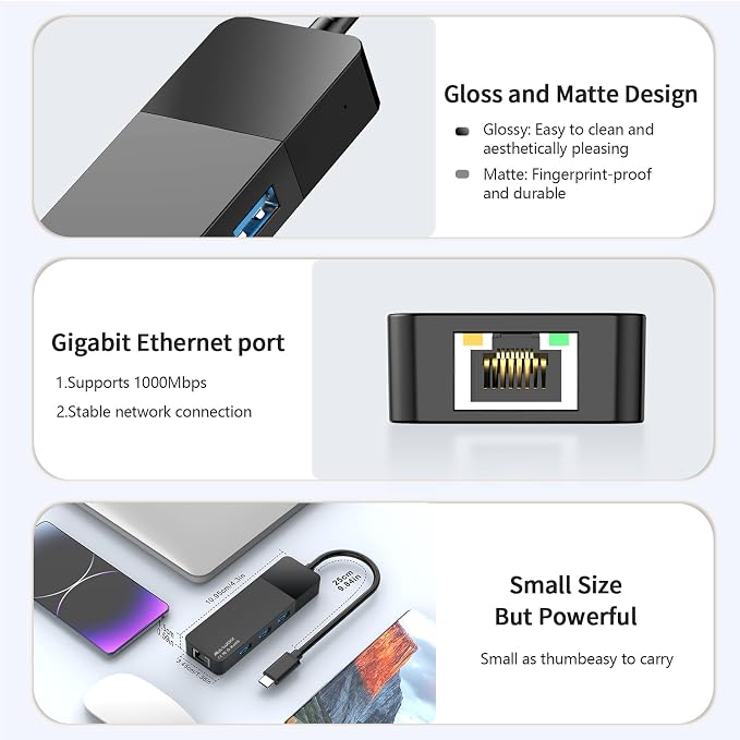 ALL-LUCKY USB to Ethernet Adapter, 4 in 1 USB C to Ethernet Adapter Hub with 3×USB 3.0 Ports, 1000Mbps Network HUB for MacBook, Dell XPS, Surface, HP Laptops (for USB-C Phones & iPad)