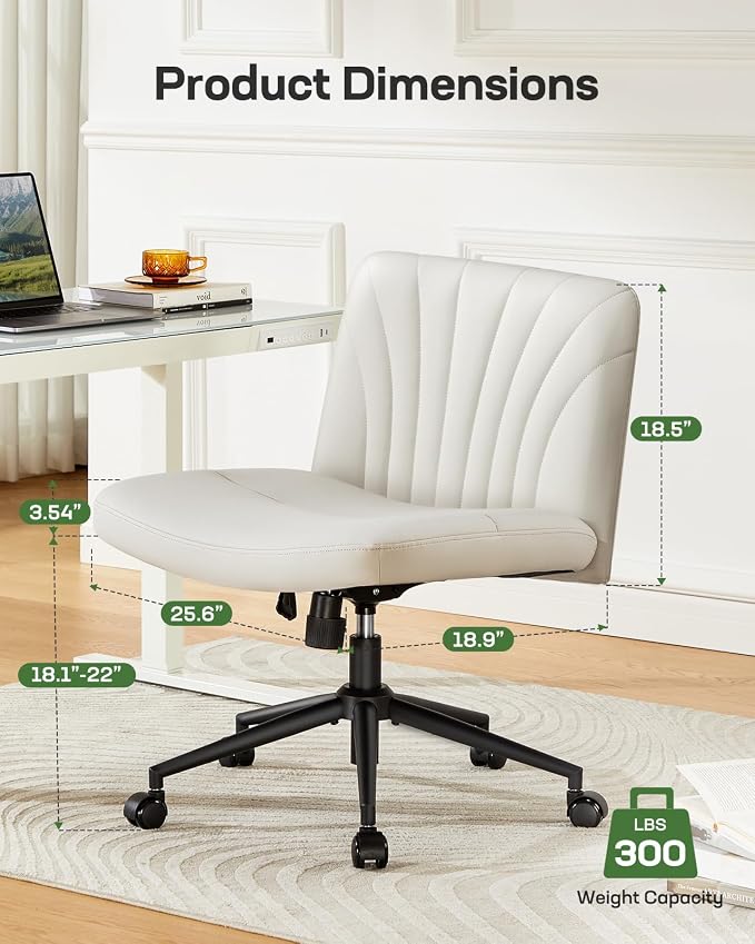 Marsail Criss Cross Chair with Wheels: PU Leather Cross Legged Office Chair Wide Armless Desk Chair Swivel Height Adjustable Vanity Chair for Make Up,Small Space,Bed Room(Beige)