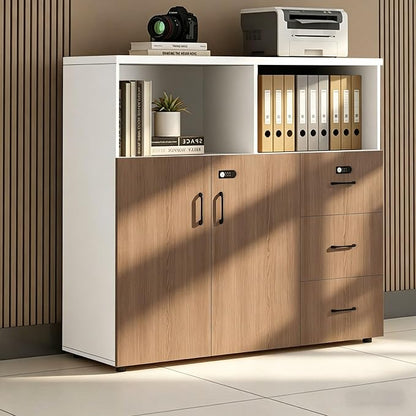 File Cabinet with Password Lock, Wood Lateral Filing Cabinet for Letter/A4 Files, 3 Drawer with Door, Printer Stand with Open Shelves for Home Office