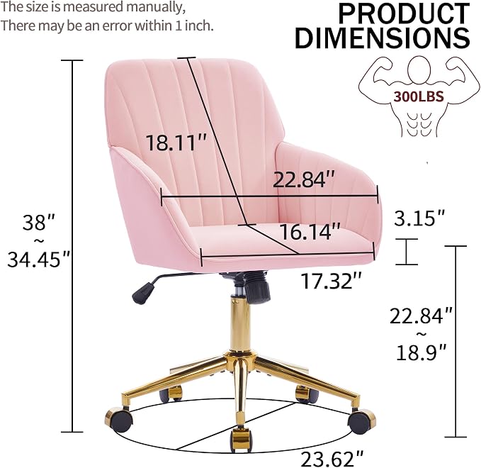 Velvet Home Office Desk Chair, Modern Cute Computer Task Chair with Back, Height Adjustable Upholstered Vanity Chair with Swivel Wheels for Women, Girls (Gold Base, Pink