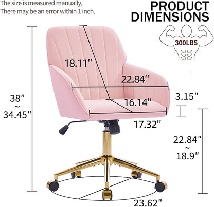 Velvet Home Office Desk Chair, Modern Cute Computer Task Chair with Back, Height Adjustable Upholstered Vanity Chair with Swivel Wheels for Women, Girls (Gold Base, Pink