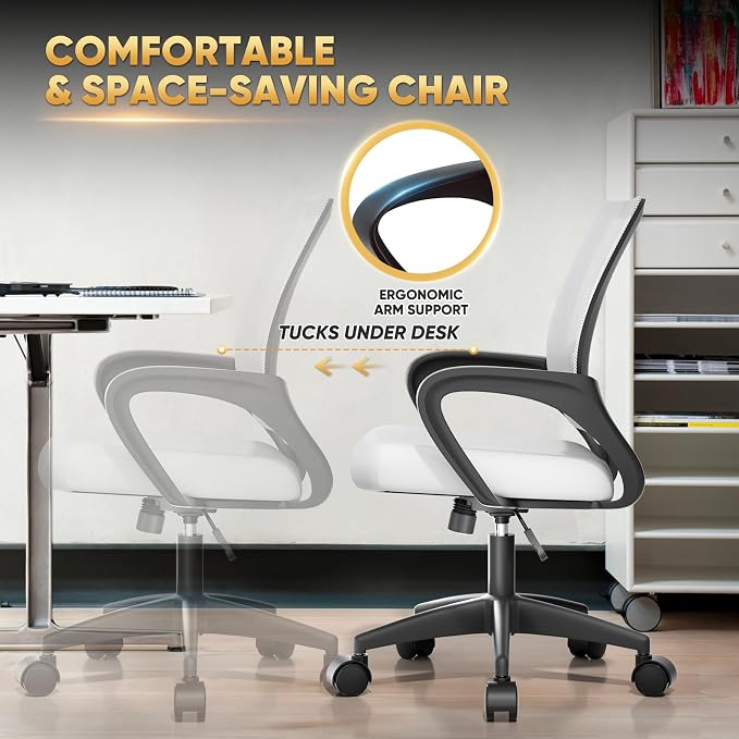 Magshion Ergonomic Office Chair 20 Pack, Mid-Back Mesh Desk Chair, Adjustable Swivel Computer Chair with Lumbar Support & Breathable Backrest for Gaming, Work, Study, 300 Lbs Capacity, White