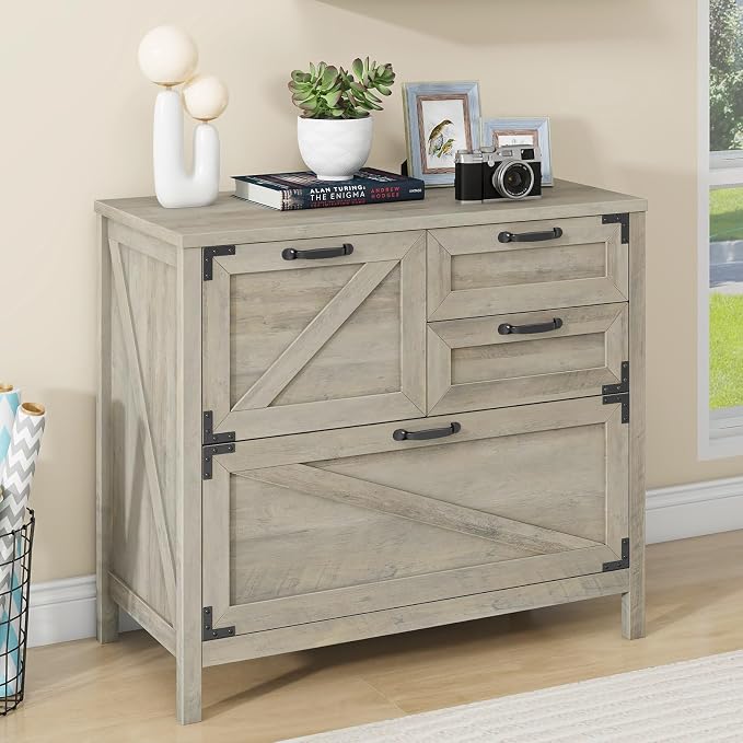 Halitaa Lateral File Cabinet with 4 Drawers, Farmhouse File Cabinet for Letter/Legal/A4 Size Hanging Files, Large Wood File Storage Cabinets Printer Stand for Home Office Cabinets, Rustic Grey