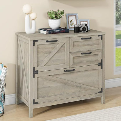 Halitaa Lateral File Cabinet with 4 Drawers, Farmhouse File Cabinet for Letter/Legal/A4 Size Hanging Files, Large Wood File Storage Cabinets Printer Stand for Home Office Cabinets, Rustic Grey