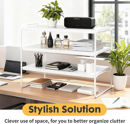 ShellKingdom Desk Shelf Organizer, 3 Tier Desktop Shelves, Adjustable Bookshelf Storage Rack and Office Cubicle Decor for Tabletop, School, Office, Dorm Organization (White)
