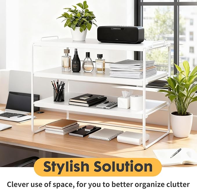 PowerKing Desk Shelf Organizer, 3-Tier Desktop Shelves with Wood Board, Adjustable Bookshelf Storage Rack for Home Office School Study Room (White Frame + White Wood)