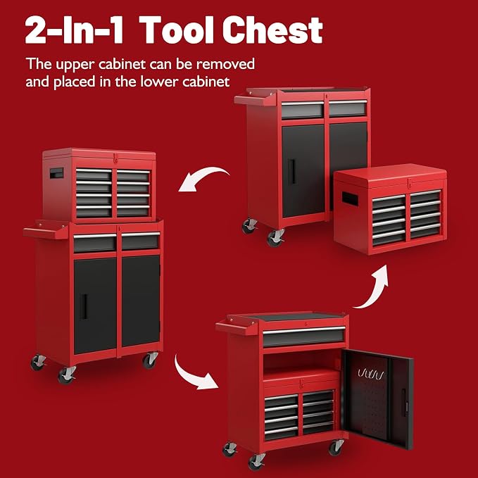 RYH 5 Drawers Rolling Tool Chest & Tool Box on Wheels | Heavy Duty Metal Cart with Ball Bearing Drawers | Fits US General Tool Box for Garage Storage (Red, 5 Drawers（42.1" H × 20.7" W × 11" D)