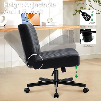 Criss Cross Chair with Wheels,Thick Padded Leather Cross Legged Office Desk Chair with Pocket Spring Cushion,Dual-Purpose Base,Wide Adjustable Computer Home Office Vanity Chair,Black