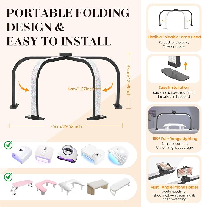LIONVISON Half Moon Light for Nail Desk: 29" Arch Light for Nail Tech Lamp with Phone Holder - 3 Color Modes & 10 Brightness - 40W Foldable LED Nail Desk Lamp for Manicure, Craft(Crystal Diamond)