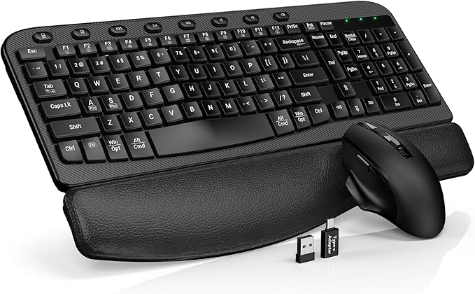 SABLUTE Wireless Keyboard and Mouse Combo – Ergonomic Wave Key, Built-in Leather Soft Palm Rest, 2.4G Full Size, 6-Button Mouse with 4-Level DPI, Dual USB-A/USB-C, MA12 for Windows & macOS Compatible