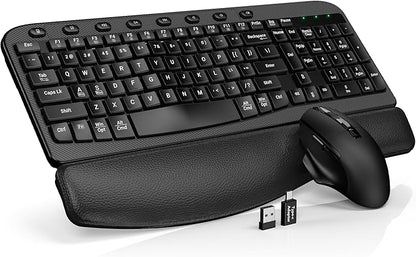 SABLUTE Wireless Keyboard and Mouse Combo – Ergonomic Wave Key, Built-in Leather Soft Palm Rest, 2.4G Full Size, 6-Button Mouse with 4-Level DPI, Dual USB-A/USB-C, MA12 for Windows & macOS Compatible