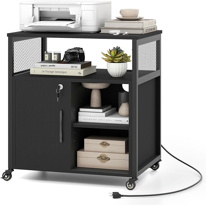 Giantex File Cabinet, Lateral Filing Cabinet with Lock, Wheels, Charging Station, Cable Hole, Lockable Side Cabinet, Adjustable Shelves, Metal Frame, Printer Stand for Home Office Small Space (Black)