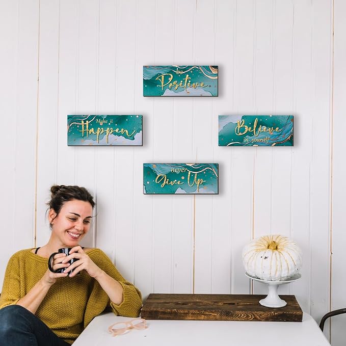 FENCORDAR 4 Piece Teal and Gold Wall Decor Set Motivational Wall Decor Inspirational Wooden Signs for Bedroom Bathroom Women’s Office Abstract Elegant Art for Home or Office Decoration 10X4 Inches