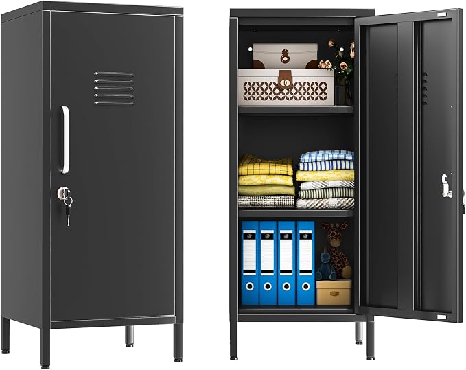 Black Metal Locker Cabinet, 35.4" H Home Office Storage Lockers, Vertical Steel Storage Cabinet with Locking Door and 2 Adjustable Shelves, Garage Tool File Cabinets for Home Office,Garage,Bathroom