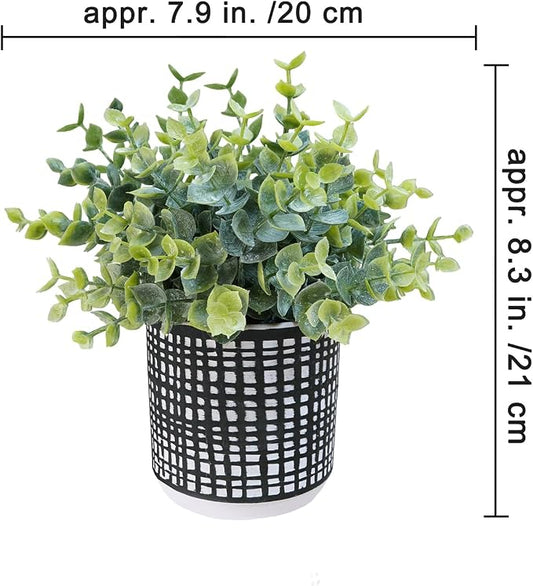 Winlyn Set of 2 Small Potted Plants Artificial Eucalyptus Plant in Black Geometric Ceramic Pots Faux Potted Greenery 7.1" Tall for Desktop Modern Home Office Living Room Kitchen Table Decorations