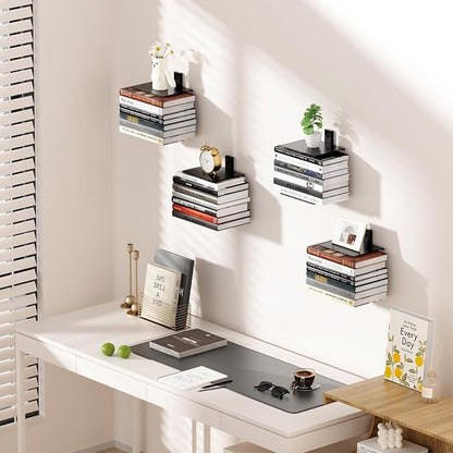 Invisible Floating Bookshelf for Wall, 8 Tier Vertical Spine Book Tower Wall Mounted, Heavy-Duty Metal Book Organizers for Home Office, 4 Pack Black