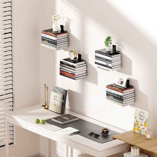 Invisible Floating Bookshelf for Wall, 8 Tier Vertical Spine Book Tower Wall Mounted, Heavy-Duty Metal Book Organizers for Home Office, 4 Pack Black