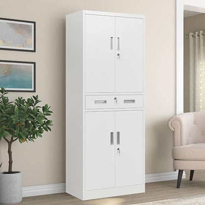 CJF 71" H Tall Metal Storage Cabinet with Drawer, Locking Garage Cabinet with 2 Adjustable Shelves, Heavy-Duty Tool File Storage Cabinets for Home Office, Kitchen, Warehouse, Shop (White)