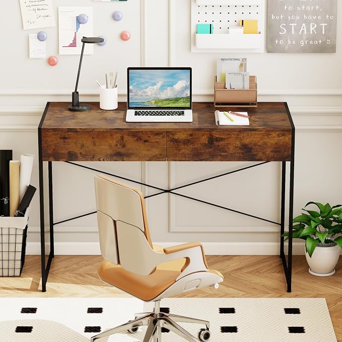 GOFLAME 44 Inch Computer Desk with 2 Drawers, Home Office Desk with Metal Frame, Small Study Writing Workstation with Storage, PC Laptop Table for Living Room, Bedroom, Study, Rustic Brown
