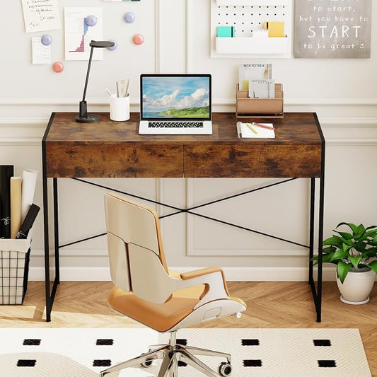 GOFLAME 44 Inch Computer Desk with 2 Drawers, Home Office Desk with Metal Frame, Small Study Writing Workstation with Storage, PC Laptop Table for Living Room, Bedroom, Study, Rustic Brown