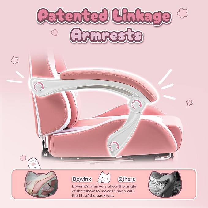 Dowinx Pink Gaming Chair with Cat Ears and Massage Lumbar Support, Ergonomic Computer Chair with Footrest and Headrest, Comfortable Reclining Game Chair 290lbs for Adults, Pink