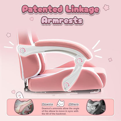 Dowinx Pink Gaming Chair with Cat Ears and Massage Lumbar Support, Ergonomic Computer Chair with Footrest and Headrest, Comfortable Reclining Game Chair 290lbs for Adults, Pink