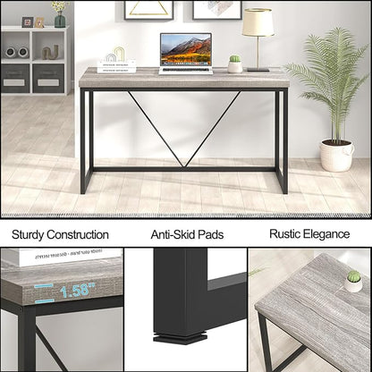 FOLUBAN Modern Home Office Desk, Industrial Vintage Computer Desk, Rustic Wood and Metal Study Writing Table, Simple Work Gaming PC Desks for Bedroom Living Room, Light Grey 53 Inch