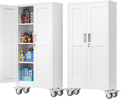 PAOFIN 61''H Metal Garage Storage Cabinet with Wheels,Steel File Cabinets with 2 Doors and 3 Adjustable Shelves for Home Office, Warehouse, Required Assembly,White
