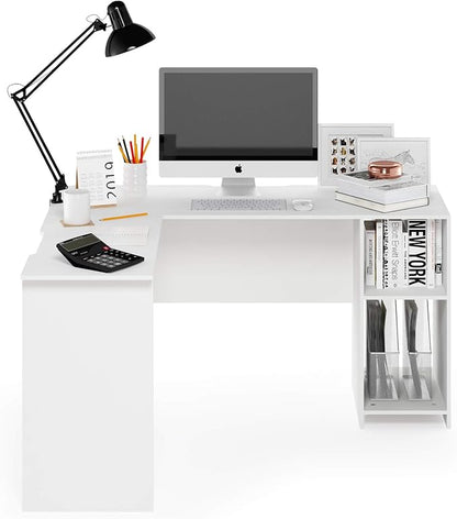 Furinno Indo L-Shaped Computer Desk with Bookshelf, White
