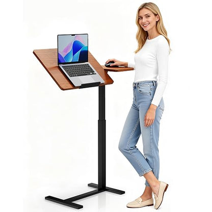 Simple Deluxe Standing Rolling Desk with Hidden Casters, Height Adjustable Pneumatic Mobile Laptop Desk, Tilting Bedside Table for Laptop, Overbed Bedside Table Hospital Home Use, Brown