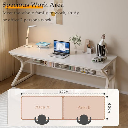 OSCHF Extra Long Desk with Bookshelf - 63" Double Long Writing Table for 2-Person Workstation, Modern Study Work Computer Desk for Home and Office, Warm White