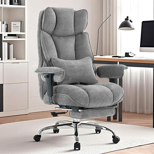 Efomao Executive Office Chair 400lbs, Grey Fabric Big and Tall Desk Chair | Breathable fabric, pocket spring & foam seat, retractable footrest, 135° recline for computer gaming setup