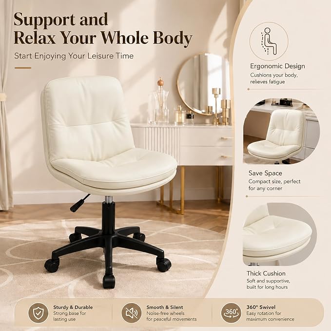 Vanity Chair with Back, PU Leather Swivel Office Desk Chair, Height Adjustable Armless Chair for Small Spaces, Bedroom, Vanity, Home Office Beige