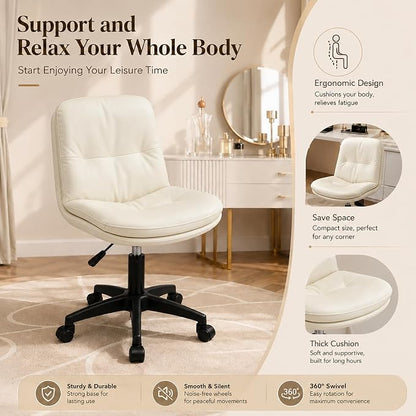 Vanity Chair with Back, PU Leather Swivel Office Desk Chair, Height Adjustable Armless Chair for Small Spaces, Bedroom, Vanity, Home Office Beige