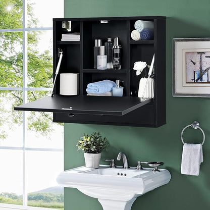 COSTWAY Wall-Mounted Computer Desk, Floating Desk with Storage Drawer & Shelves, Fold-up Desktop & Pneumatic Springs, Ideal for Home, Office, Dormitory, Small Spaces (Black)