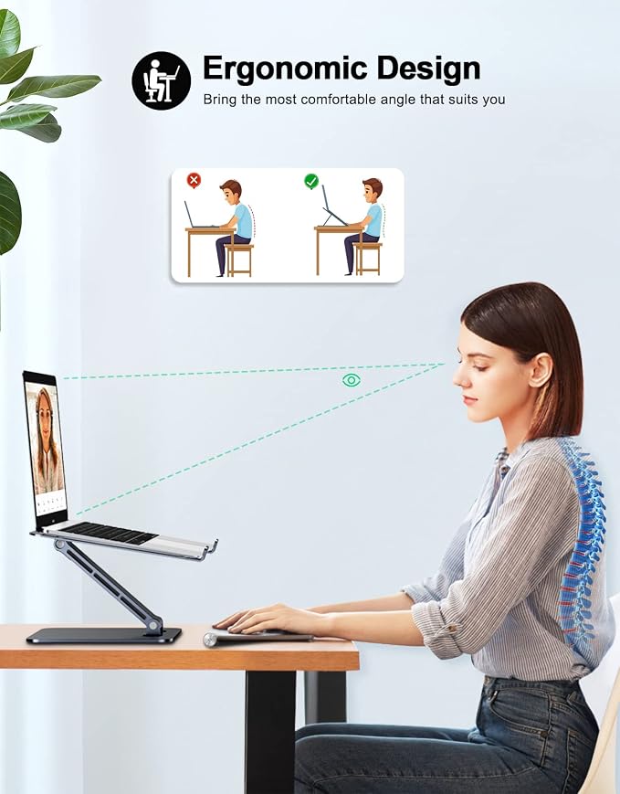 RIWUCT Foldable Aluminum Alloy Laptop Stand for Desk, Height Adjustable Ergonomic Computer Stand, Portable Laptop Riser Holder Printer Stand Compatible with MacBook Pro Air/HP/Dell 10-16", Black